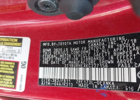 2019 Toyota Corolla Le из США, поврежденный, VIN 2T1BURHEXKC227156